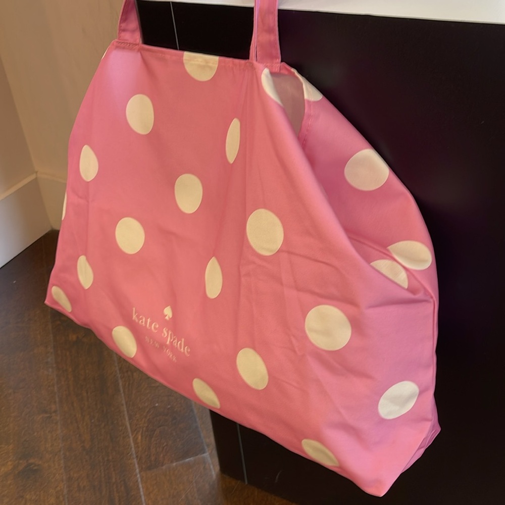 Kate Spade Soft Pink-White Polka Dots Canvas Tote XL Reusable Shopping Beach Bag - Picture 11 of 16